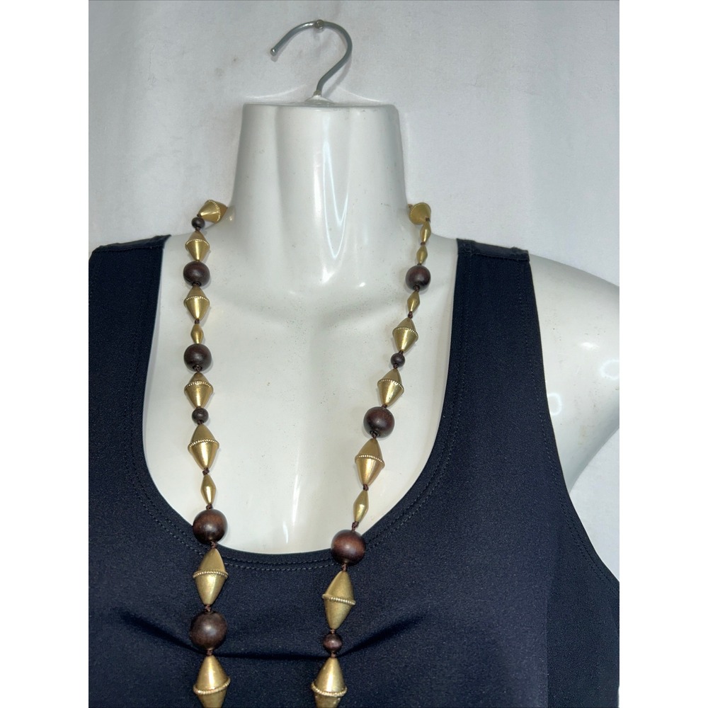 Boho Wood & Gold Tone Beadedā Necklace - Long Statement Jewelry